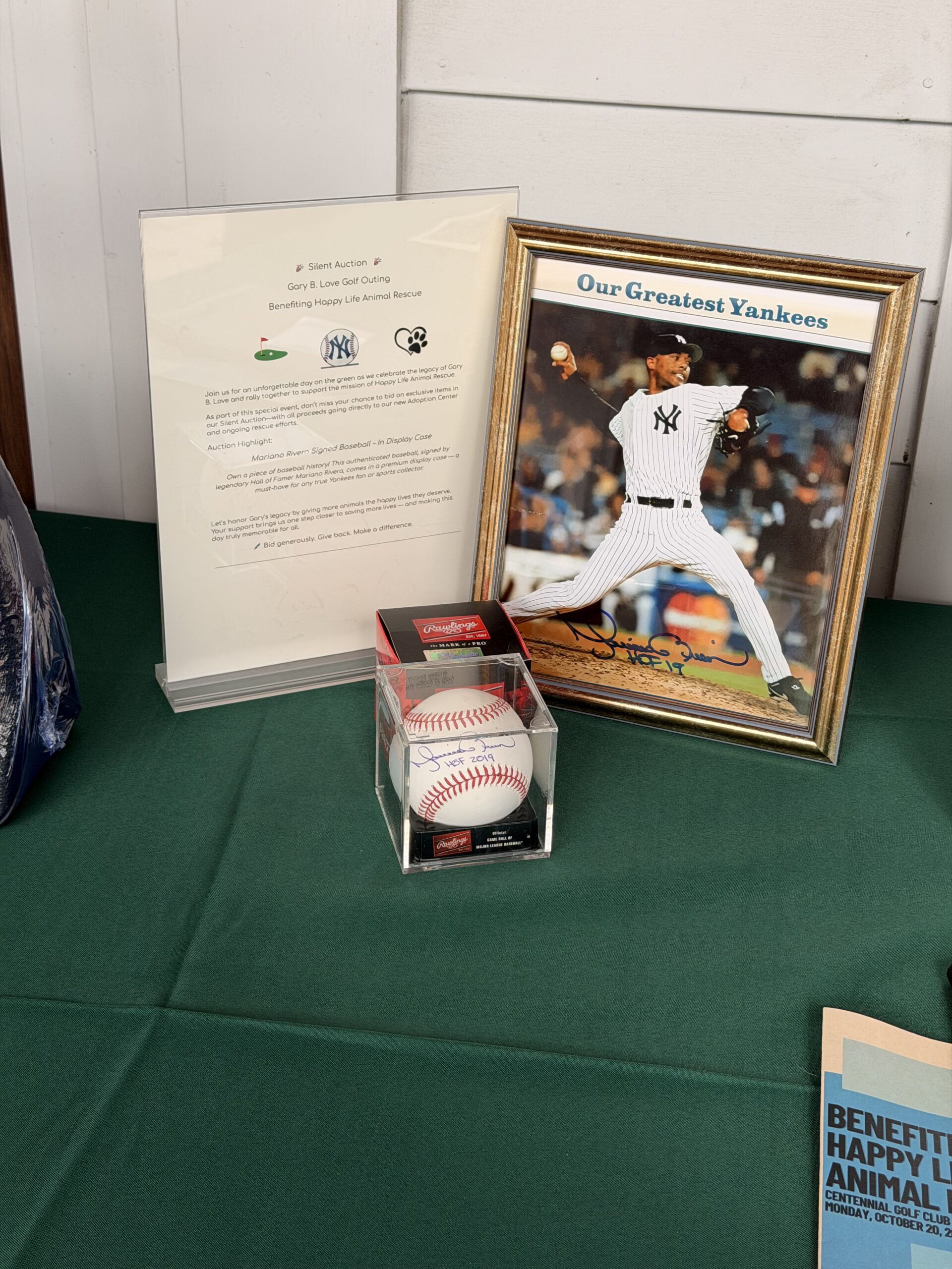 Signed Mariano Rivera baseball — high-value raffle item from the Happy Life Golf Outing